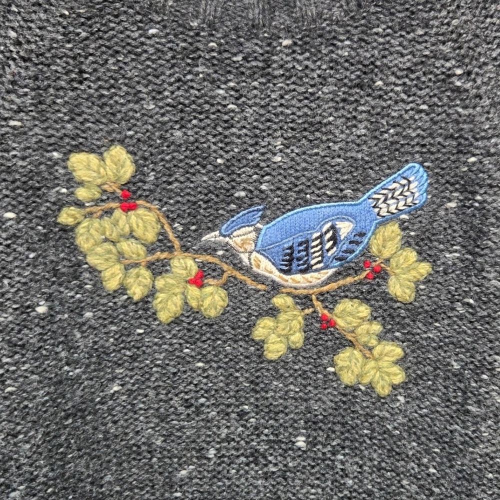 Woolrich Sweater Large Onyx Heather Bird Embroidered Vintage Wool Blend Cottage - Picture 2 of 8